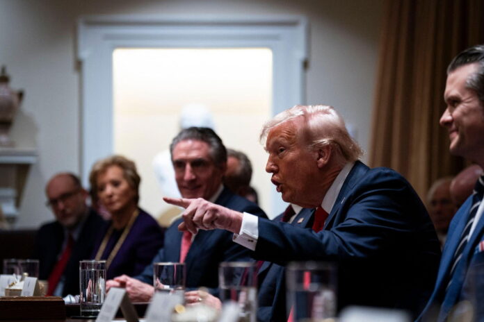 Russell Vought, director of the Office of Management and Budget (OMB), from left, Linda McMahon, former administrator of the US Small Business Administration and US education secretary nominee for US President Donald Trump, Doug Burgum, US secretary of th