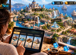 Virtuális városépítés a casino Royal Sea CityBuilder játékában kristályokkal és új épületekkel
